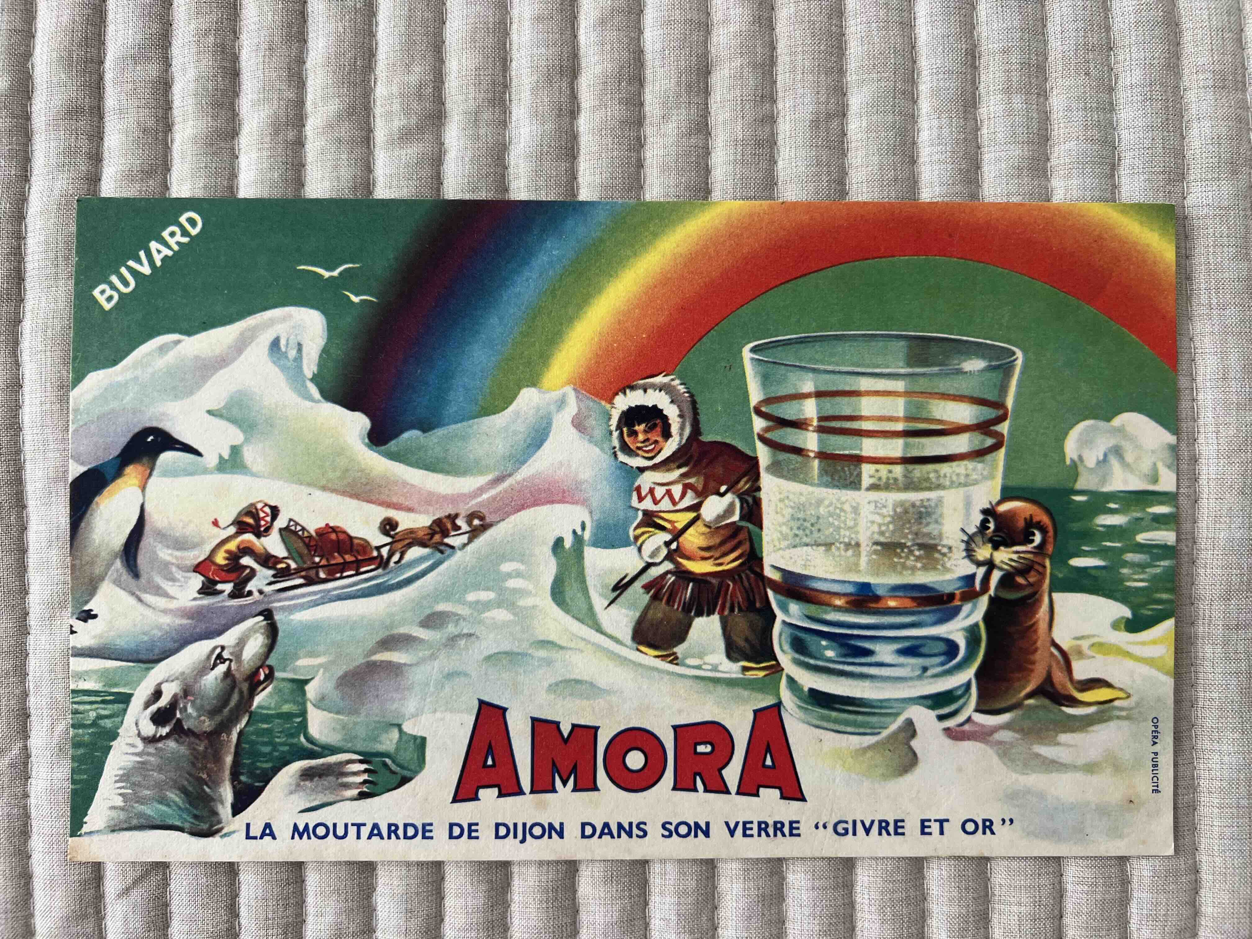 Buvard publicitaire Amora "Givre et Or" esquimau traîneau ours polaire