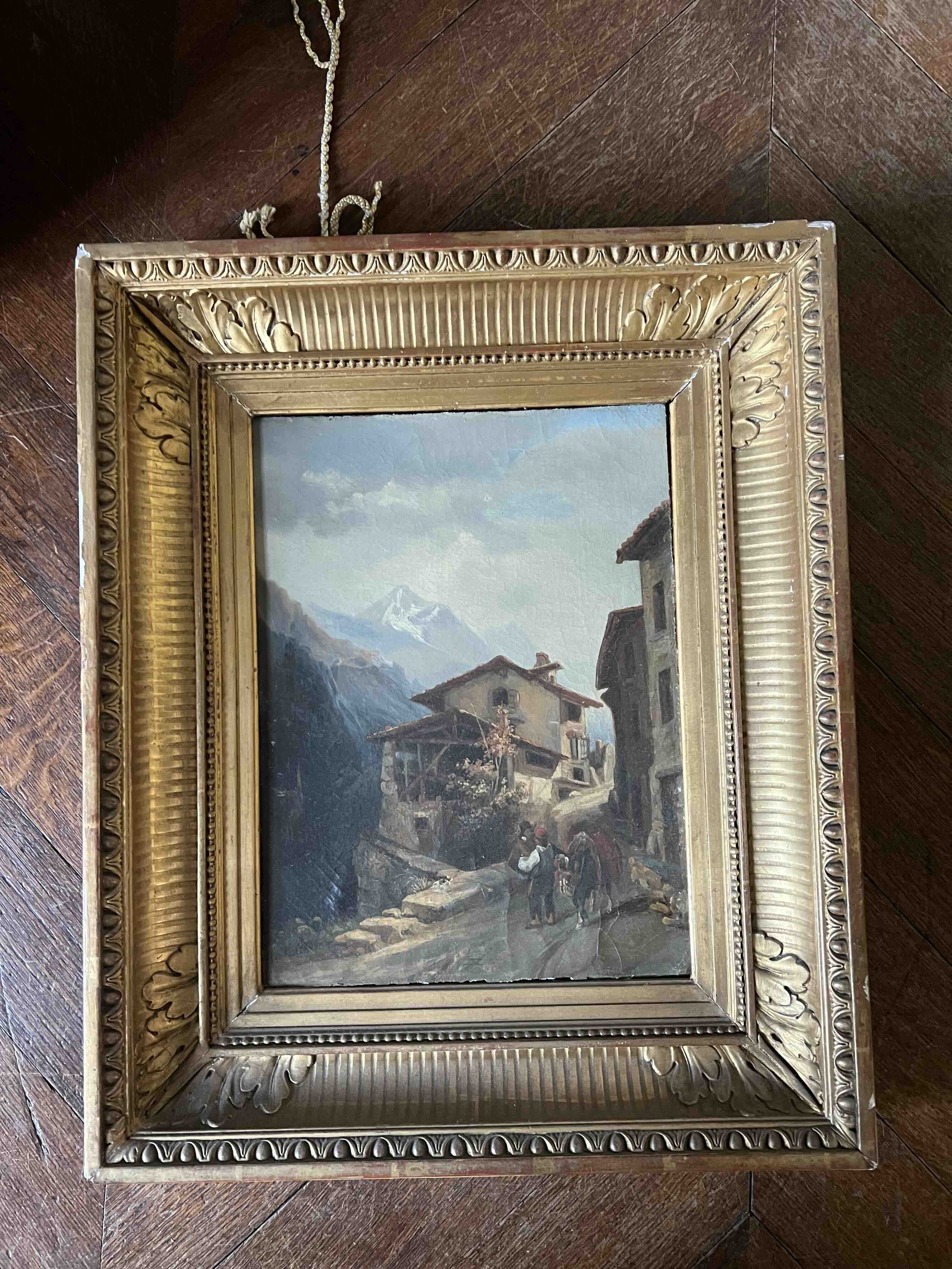 Petit tableau ancien, paysage de montagne animé, cadre doré