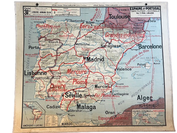 Affiche scolaire Vidal-Lablache, Espagne et Portugal (politique & industrielle)