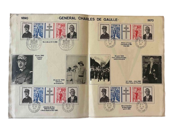 Album philatélique Général Charles de Gaulle 1890–1970 avec timbres et oblitérations