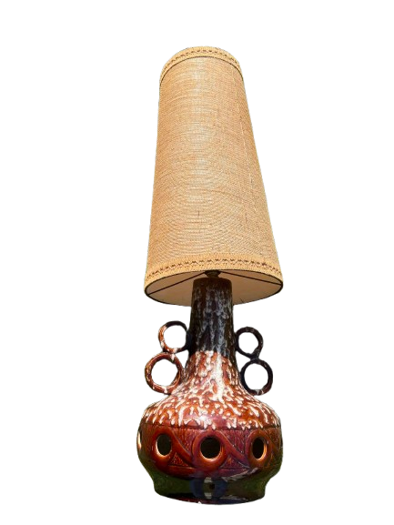 Lampe vintage années 1970, céramique émaillée et abat-jour ancien