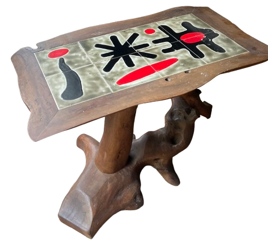 Table rustique avec carreaux céramique, piètement bois sculpté